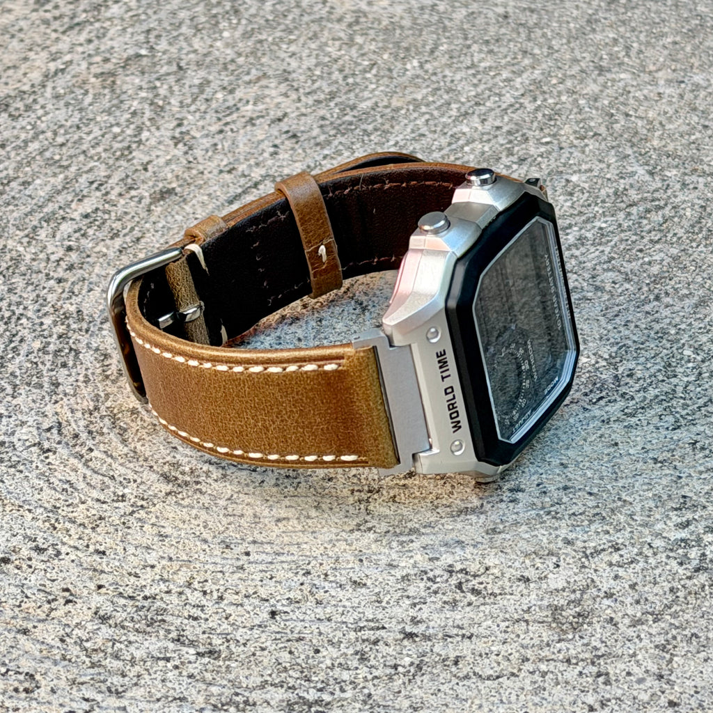 Rustic Tan Leather Strap for Casio AE1200WH Royale, 20mm Genuine Leather Watch Band, Silver Buckle, Adapters Pre-Attached, Fits AE-1200WH Series