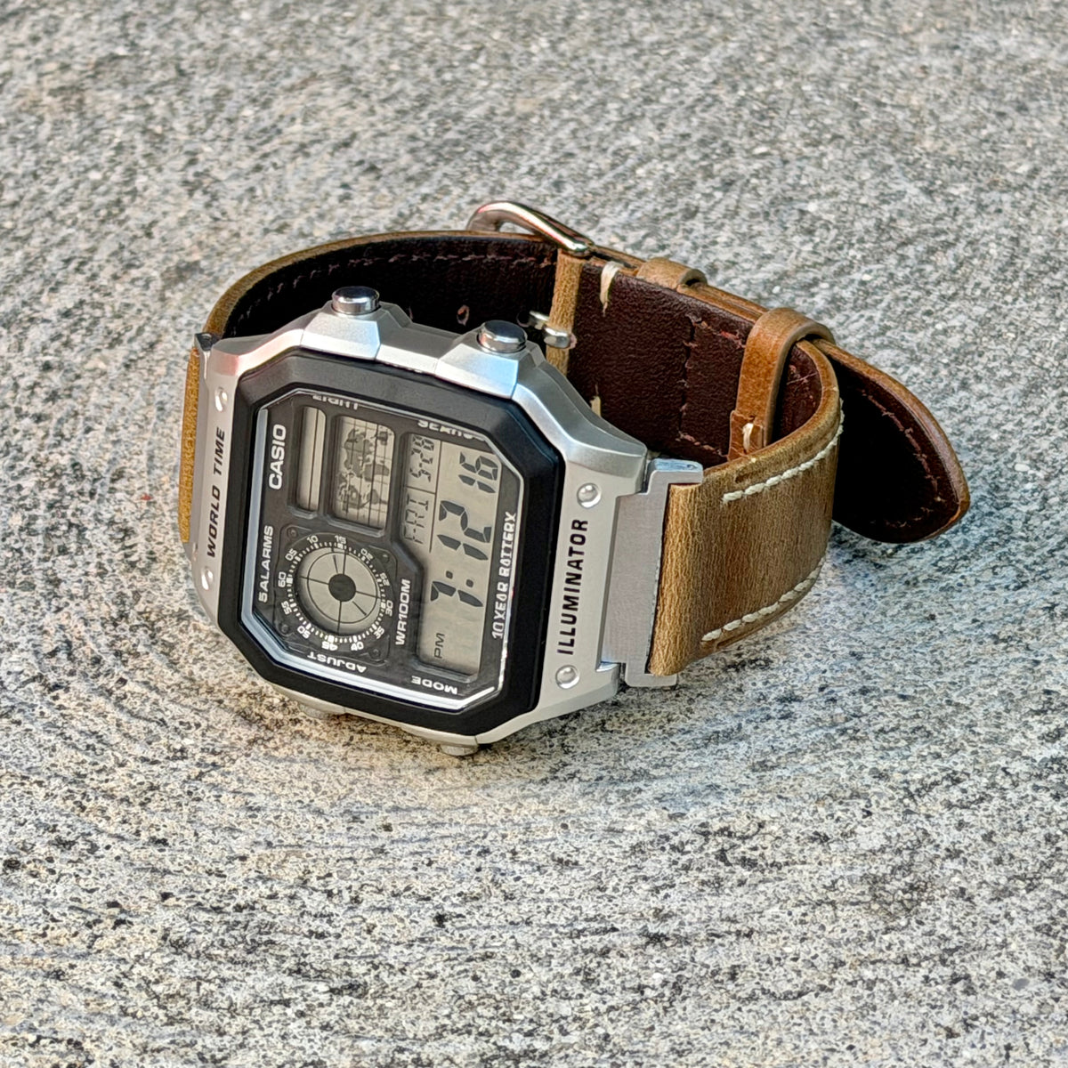 Rustic Tan Leather Strap for Casio AE1200WH Royale, 20mm Genuine Leather Watch Band, Silver Buckle, Adapters Pre-Attached, Fits AE-1200WH Series