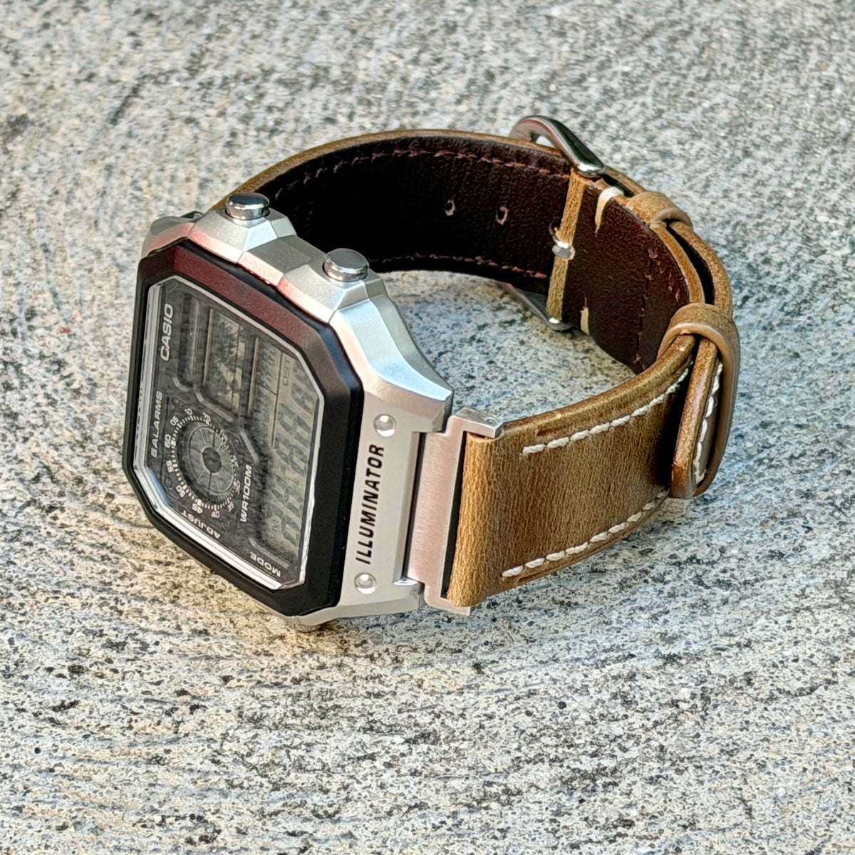 Rustic Tan Leather Strap for Casio AE1200WH Royale, 20mm Genuine Leather Watch Band, Silver Buckle, Adapters Pre-Attached, Fits AE-1200WH Series