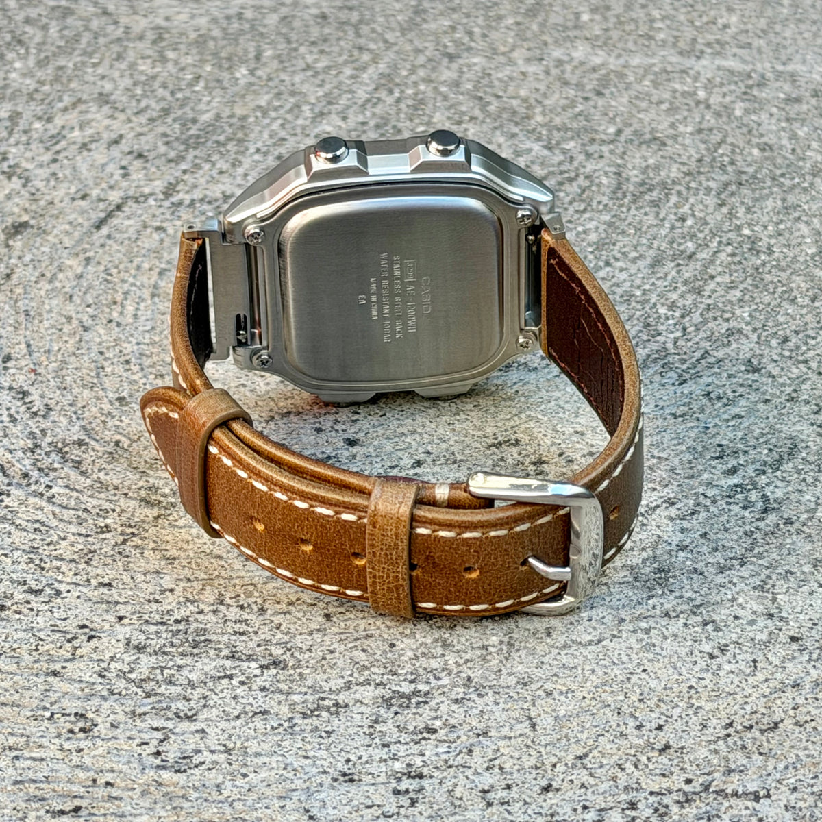 Rustic Tan Leather Strap for Casio AE1200WH Royale, 20mm Genuine Leather Watch Band, Silver Buckle, Adapters Pre-Attached, Fits AE-1200WH Series