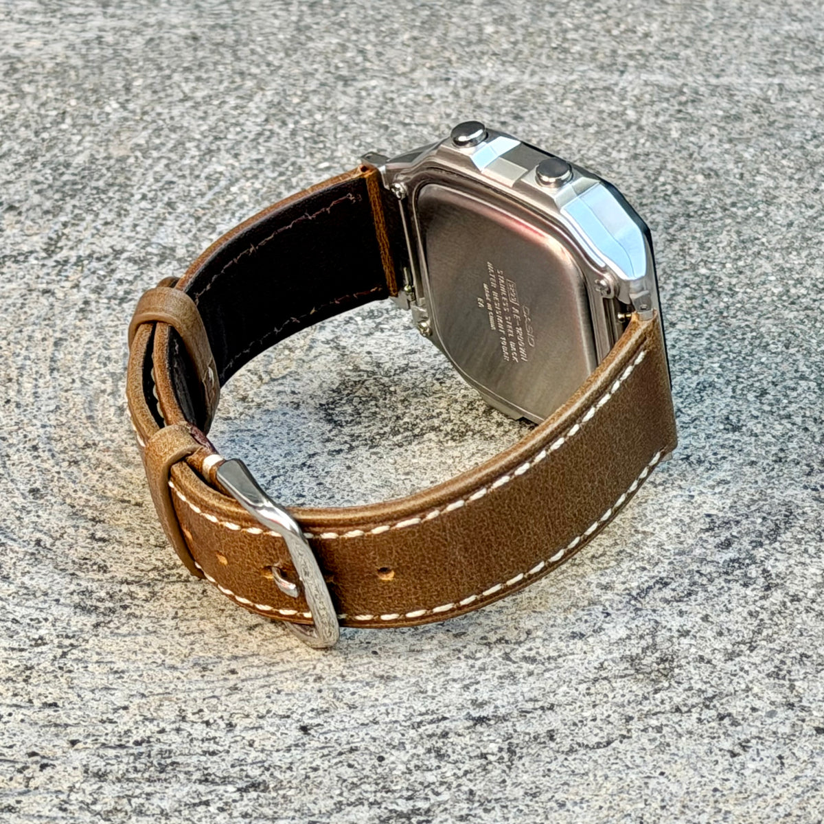 Rustic Tan Leather Strap for Casio AE1200WH Royale, 20mm Genuine Leather Watch Band, Silver Buckle, Adapters Pre-Attached, Fits AE-1200WH Series