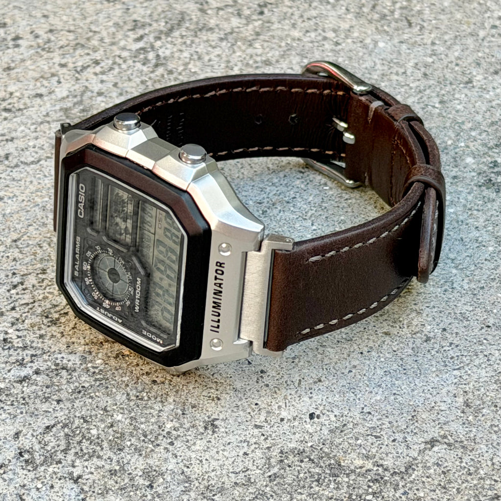 Dark Brown Leather Strap for Casio AE1200WH Royale, 20mm Genuine Leather Watch Band, Silver Buckle, Adapters Pre-Attached, Fits AE-1200WH Series