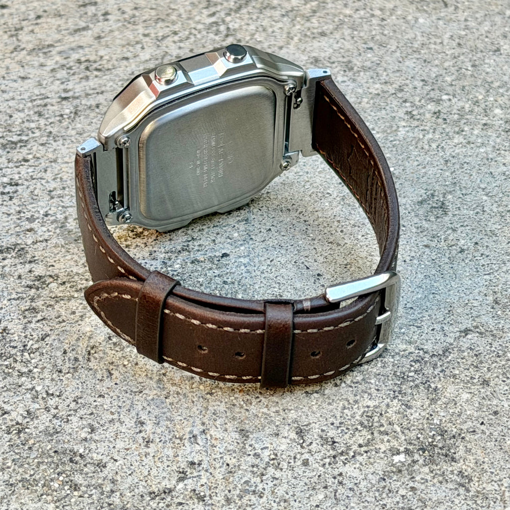 Dark Brown Leather Strap for Casio AE1200WH Royale, 20mm Genuine Leather Watch Band, Silver Buckle, Adapters Pre-Attached, Fits AE-1200WH Series