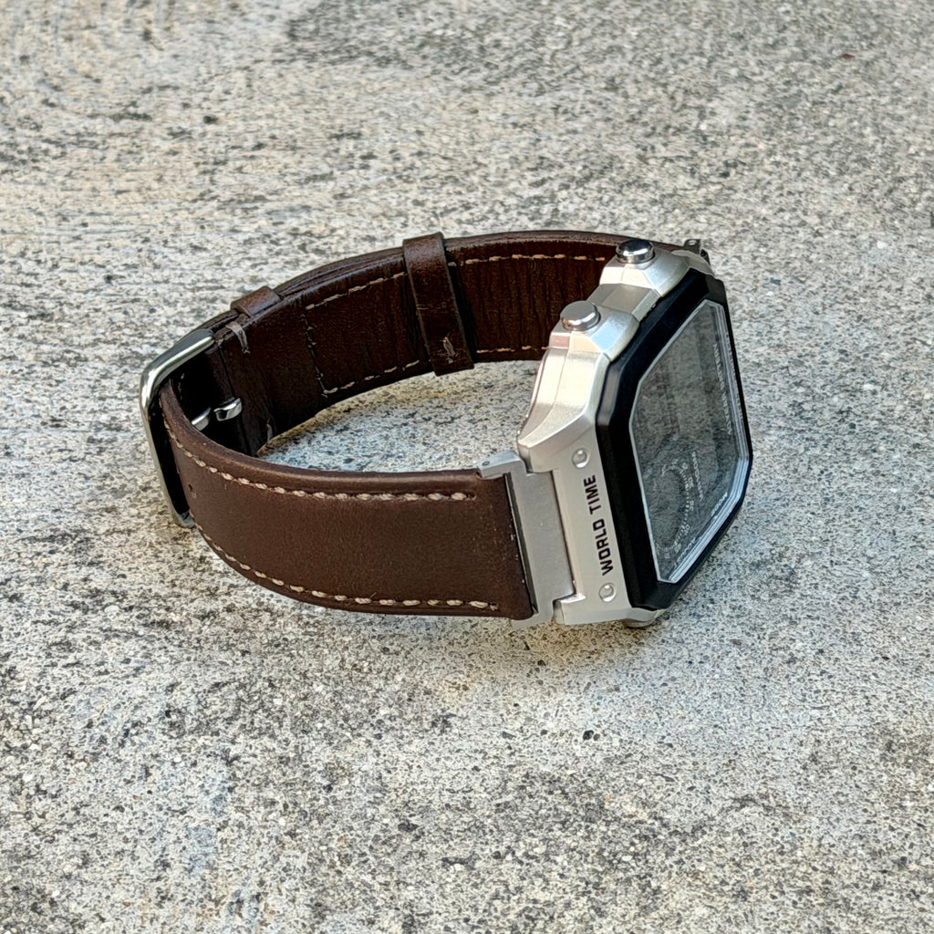 Dark Brown Leather Strap for Casio AE1200WH Royale, 20mm Genuine Leather Watch Band, Silver Buckle, Adapters Pre-Attached, Fits AE-1200WH Series