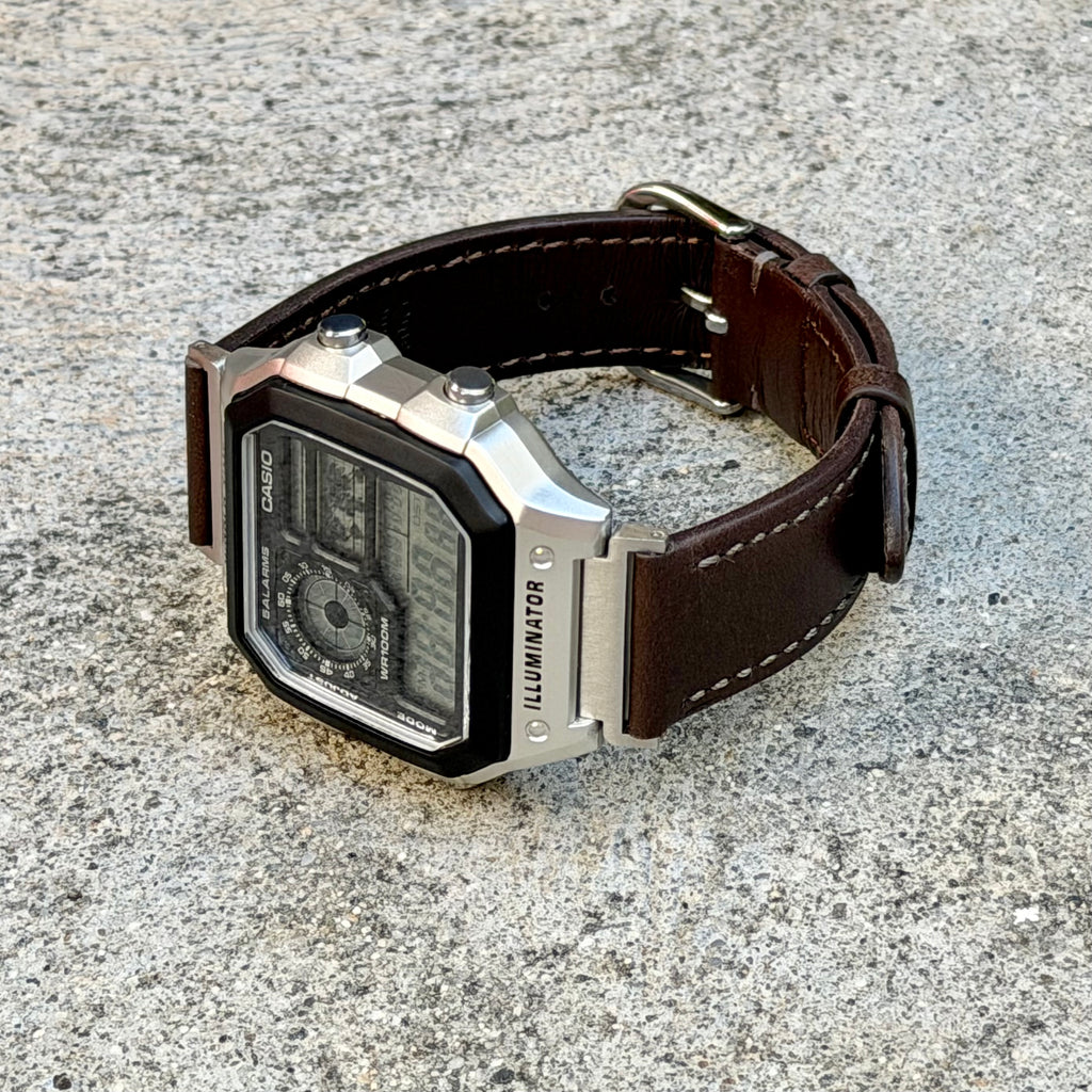 Dark Brown Leather Strap for Casio AE1200WH Royale, 20mm Genuine Leather Watch Band, Silver Buckle, Adapters Pre-Attached, Fits AE-1200WH Series