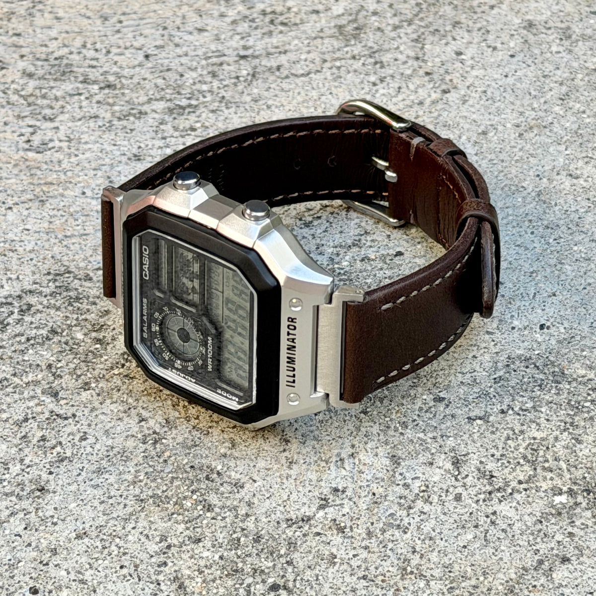 Dark Brown Leather Strap for Casio AE1200WH Royale, 20mm Genuine Leather Watch Band, Silver Buckle, Adapters Pre-Attached, Fits AE-1200WH Series