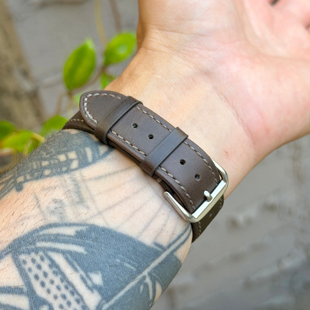 Dark Brown Leather Strap for Casio AE1200WH Royale, 20mm Genuine Leather Watch Band, Silver Buckle, Adapters Pre-Attached, Fits AE-1200WH Series