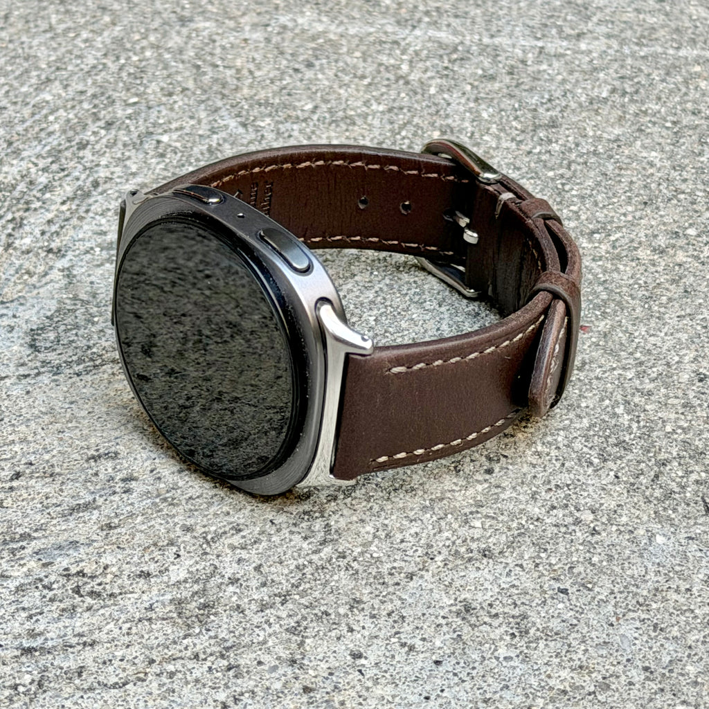 Dark Brown Leather Strap for Samsung Galaxy Watch 9 and Watch 8, Dynamic Lug Connector, Silver Buckle, 40mm 44mm