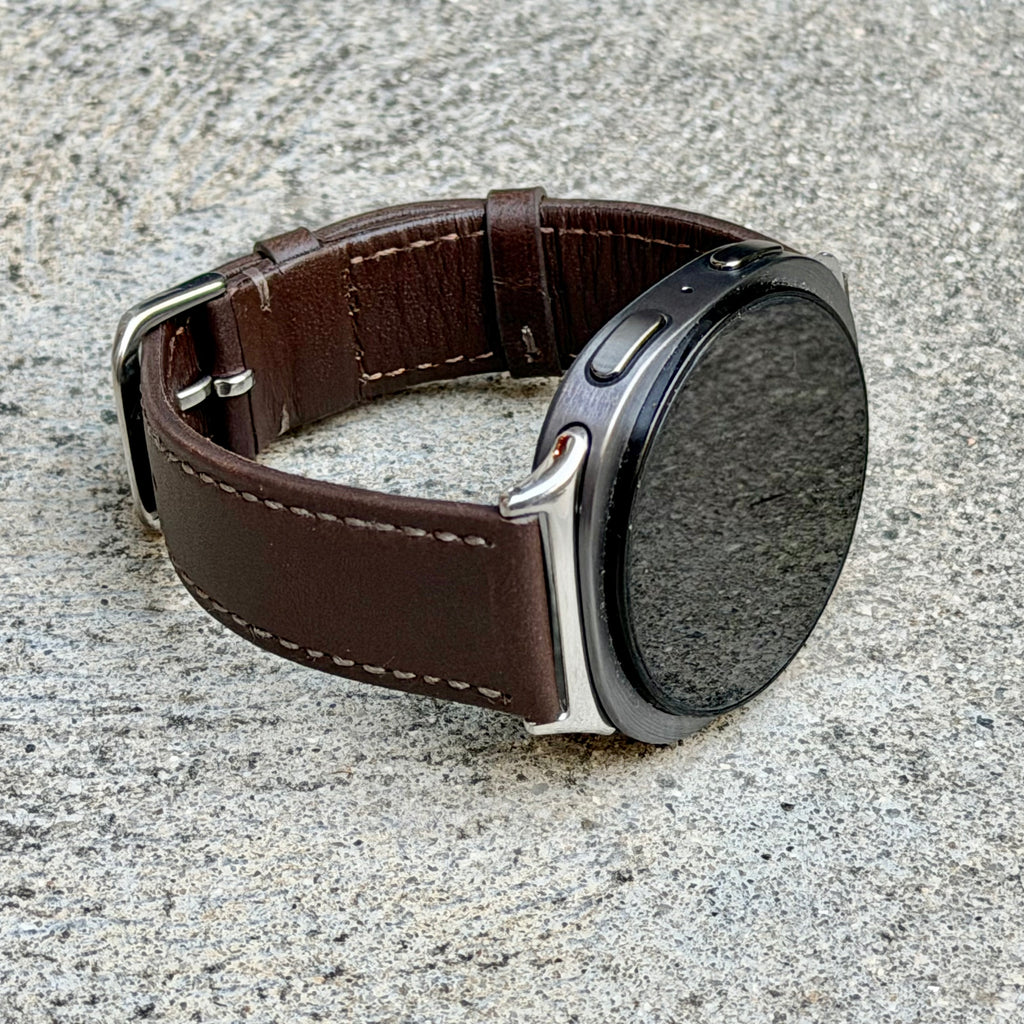 Dark Brown Leather Strap for Samsung Galaxy Watch 9 and Watch 8, Dynamic Lug Connector, Silver Buckle, 40mm 44mm
