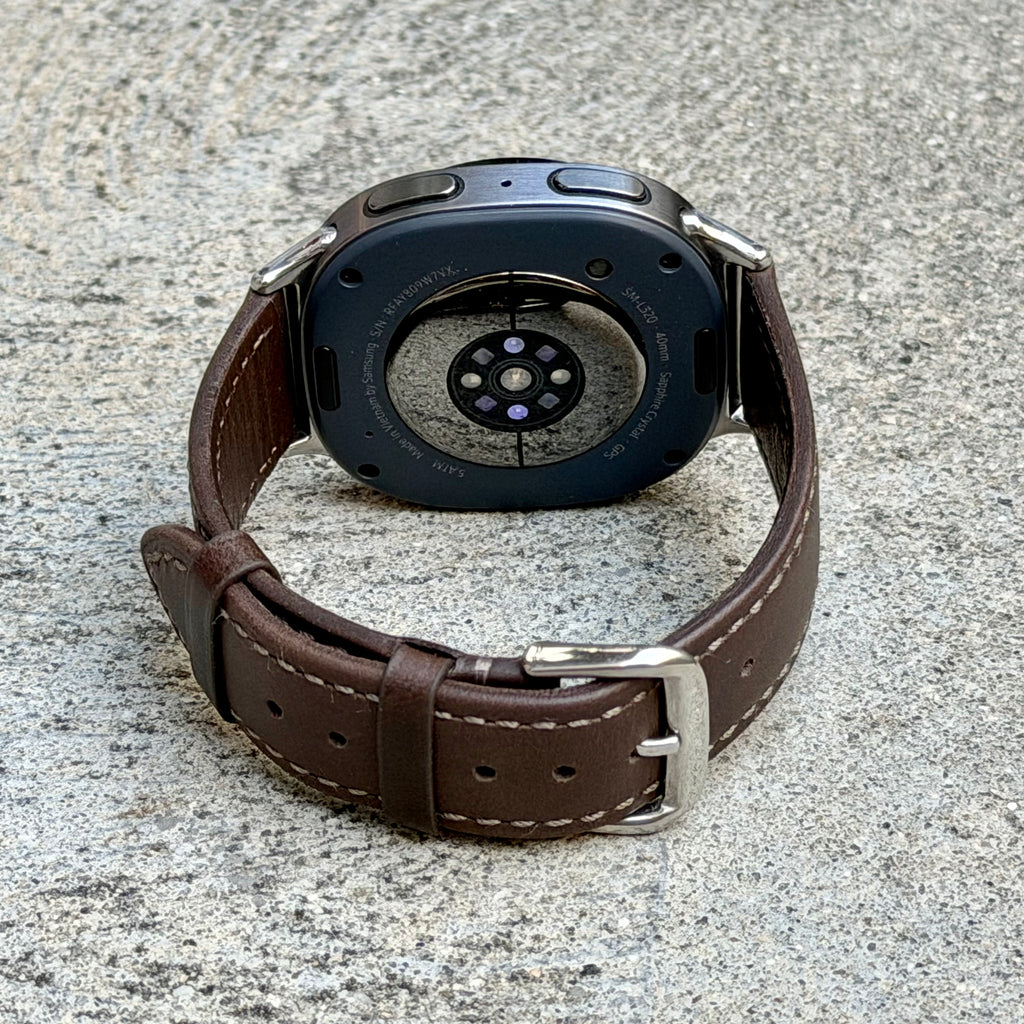 Dark Brown Leather Strap for Samsung Galaxy Watch 9 and Watch 8, Dynamic Lug Connector, Silver Buckle, 40mm 44mm