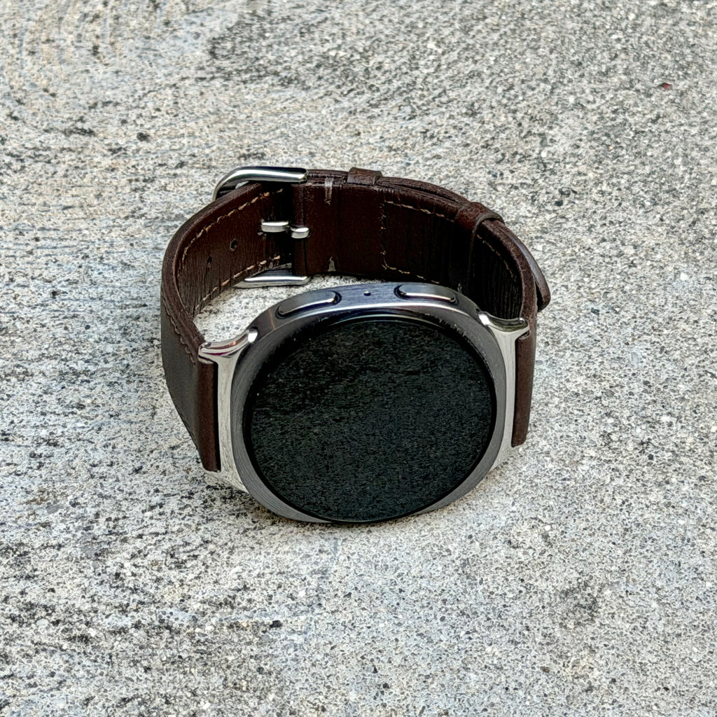 Dark Brown Leather Strap for Samsung Galaxy Watch 9 and Watch 8, Dynamic Lug Connector, Silver Buckle, 40mm 44mm