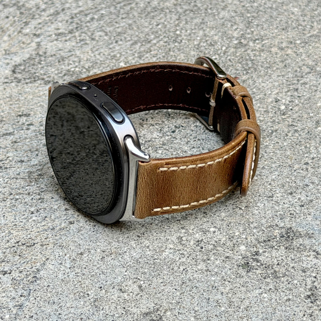 Rustic Tan Leather Strap for Samsung Galaxy Watch 9 and Watch 8, Dynamic Lug Connector, Silver Buckle, 40mm 44mm