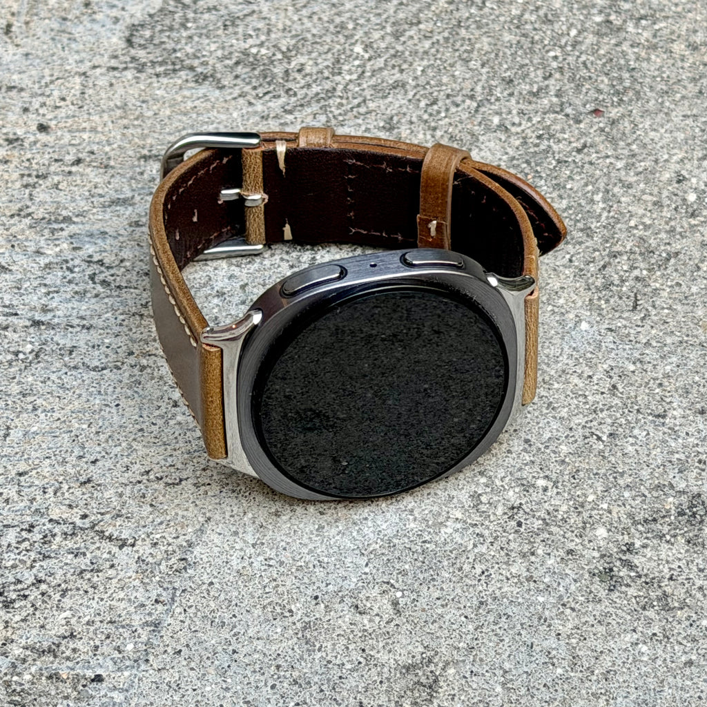 Rustic Tan Leather Strap for Samsung Galaxy Watch 9 and Watch 8, Dynamic Lug Connector, Silver Buckle, 40mm 44mm