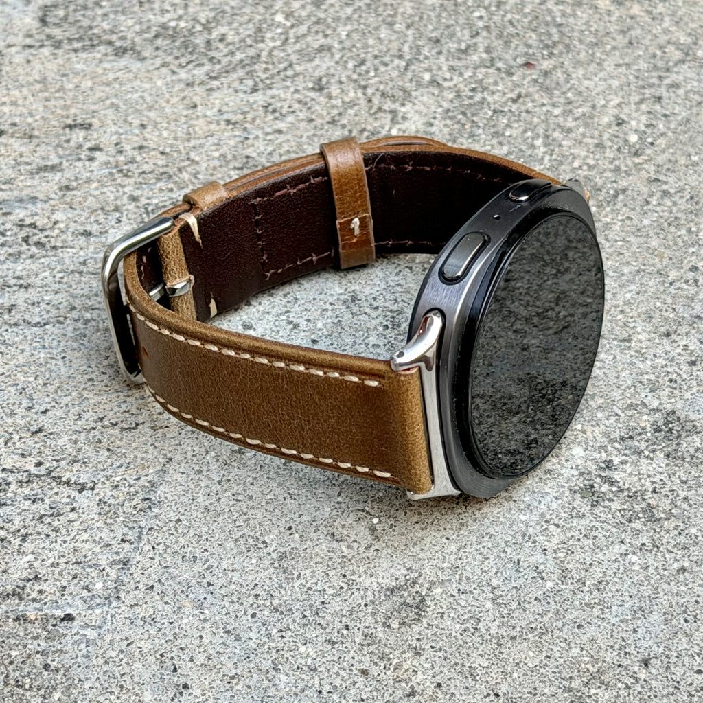 Rustic Tan Leather Strap for Samsung Galaxy Watch 9 and Watch 8, Dynamic Lug Connector, Silver Buckle, 40mm 44mm