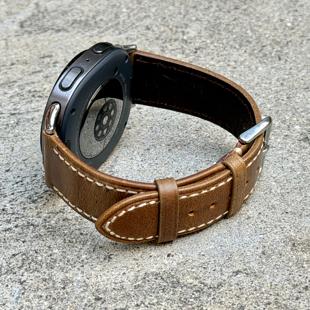 Rustic Tan Leather Strap for Samsung Galaxy Watch 9 and Watch 8, Dynamic Lug Connector, Silver Buckle, 40mm 44mm