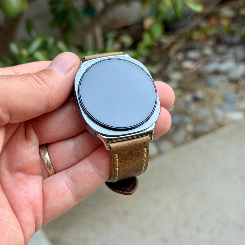 Rustic Tan Leather Strap for Samsung Galaxy Watch 9 and Watch 8, Dynamic Lug Connector, Silver Buckle, 40mm 44mm