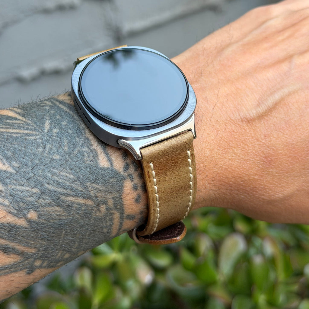 Rustic Tan Leather Strap for Samsung Galaxy Watch 9 and Watch 8, Dynamic Lug Connector, Silver Buckle, 40mm 44mm