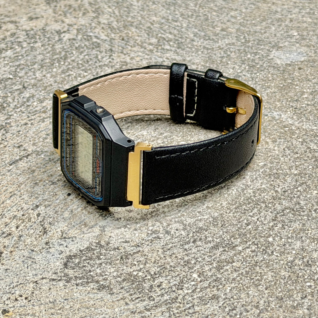 Black Leather Strap for Casio F91W, 20mm Genuine Leather Watch Band, Gold Adapters Pre-Attached, Adjustable 5.5 to 8 inch, Fits F91W A158W A168W