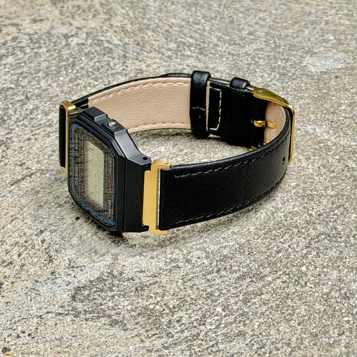 Black Leather Strap for Casio F91W, 20mm Genuine Leather Watch Band, Gold Adapters Pre-Attached, Adjustable 5.5 to 8 inch, Fits F91W A158W A168W