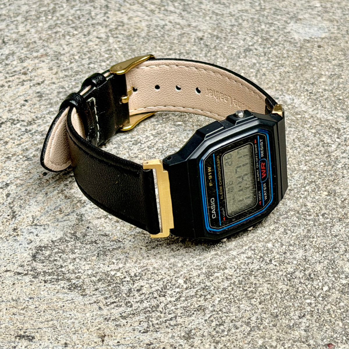 Black Leather Strap for Casio F91W, 20mm Genuine Leather Watch Band, Gold Adapters Pre-Attached, Adjustable 5.5 to 8 inch, Fits F91W A158W A168W