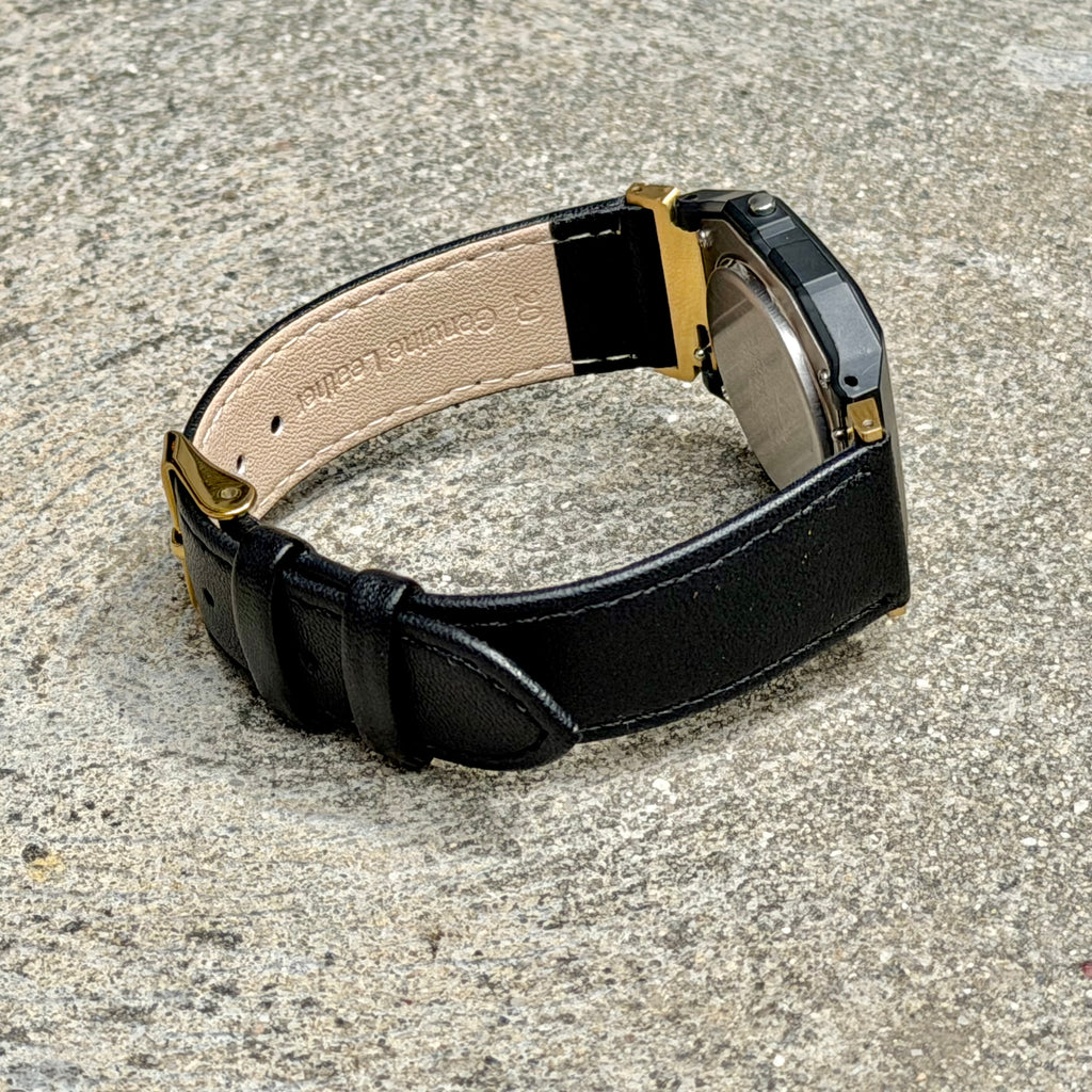 Black Leather Strap for Casio F91W, 20mm Genuine Leather Watch Band, Gold Adapters Pre-Attached, Adjustable 5.5 to 8 inch, Fits F91W A158W A168W