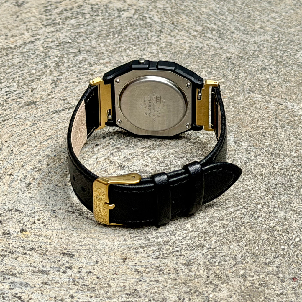 Black Leather Strap for Casio F91W, 20mm Genuine Leather Watch Band, Gold Adapters Pre-Attached, Adjustable 5.5 to 8 inch, Fits F91W A158W A168W