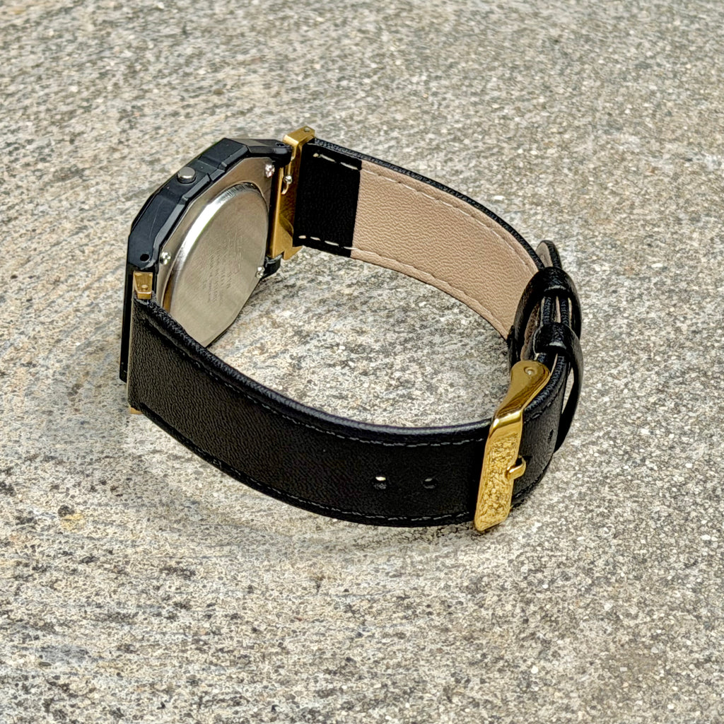 Black Leather Strap for Casio F91W, 20mm Genuine Leather Watch Band, Gold Adapters Pre-Attached, Adjustable 5.5 to 8 inch, Fits F91W A158W A168W