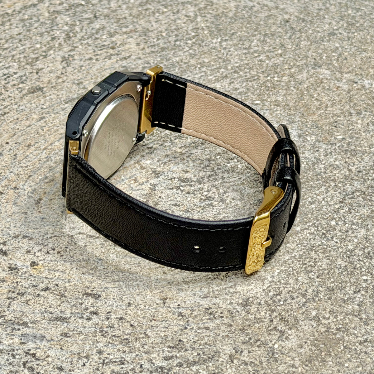 Black Leather Strap for Casio F91W, 20mm Genuine Leather Watch Band, Gold Adapters Pre-Attached, Adjustable 5.5 to 8 inch, Fits F91W A158W A168W