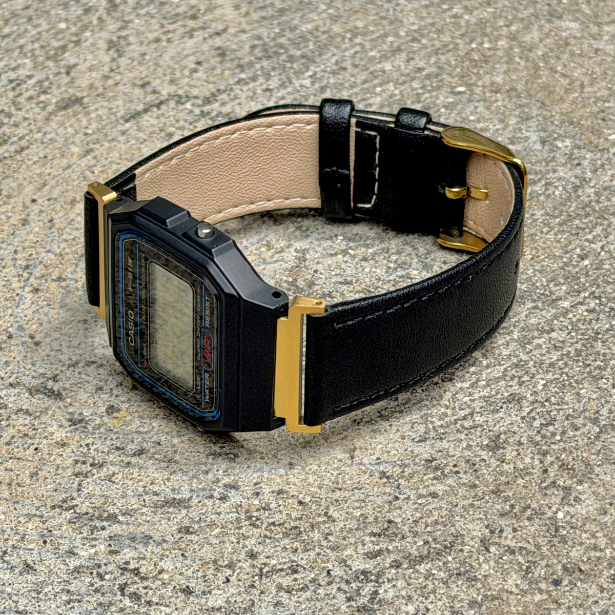 Black Leather Strap for Casio F91W, 20mm Genuine Leather Watch Band, Gold Adapters Pre-Attached, Adjustable 5.5 to 8 inch, Fits F91W A158W A168W