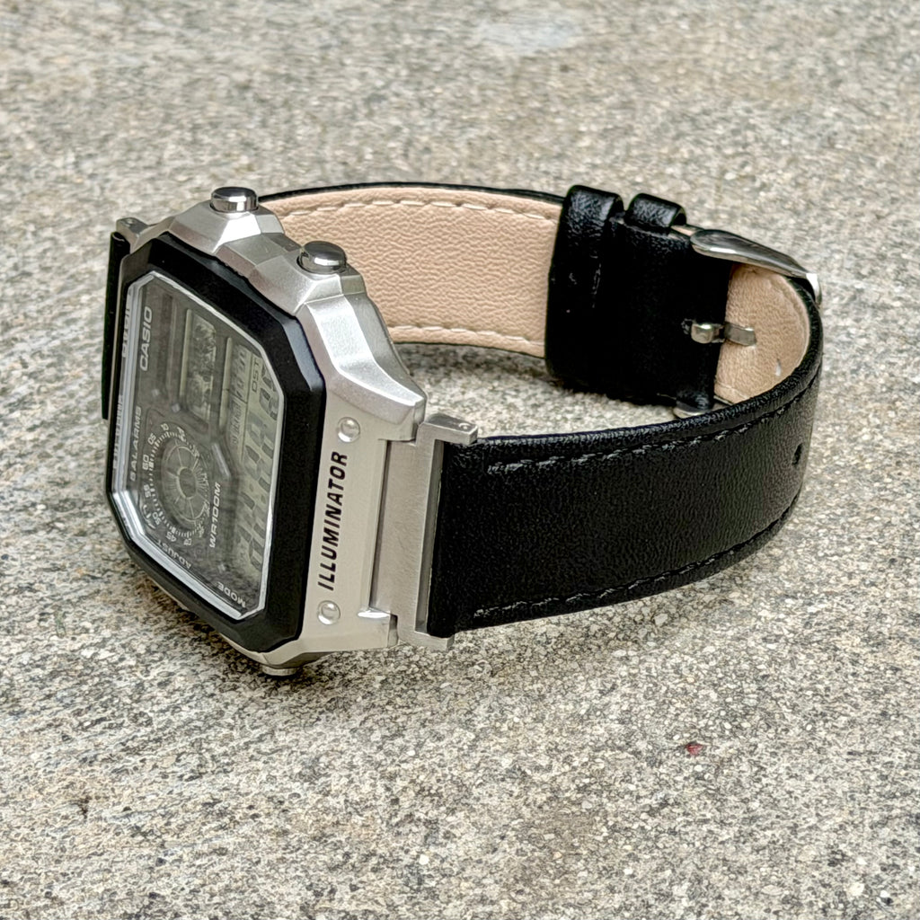 Black Leather Strap for Casio AE-1200WH Royale, 20mm Genuine Leather Watch Band, Silver Buckle, Adapters Pre-Attached, Adjustable Size, Fits AE-1200WH Series
