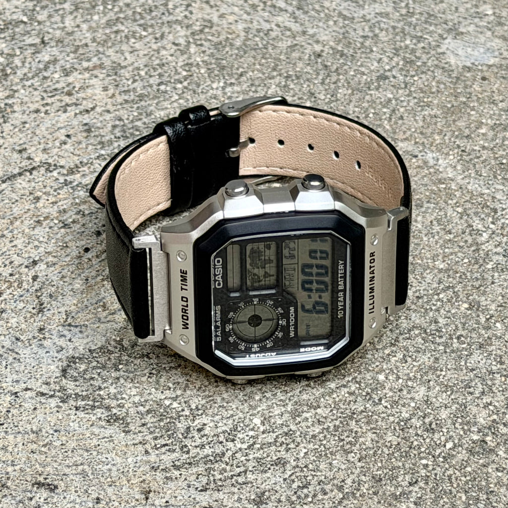 Black Leather Strap for Casio AE-1200WH Royale, 20mm Genuine Leather Watch Band, Silver Buckle, Adapters Pre-Attached, Adjustable Size, Fits AE-1200WH Series