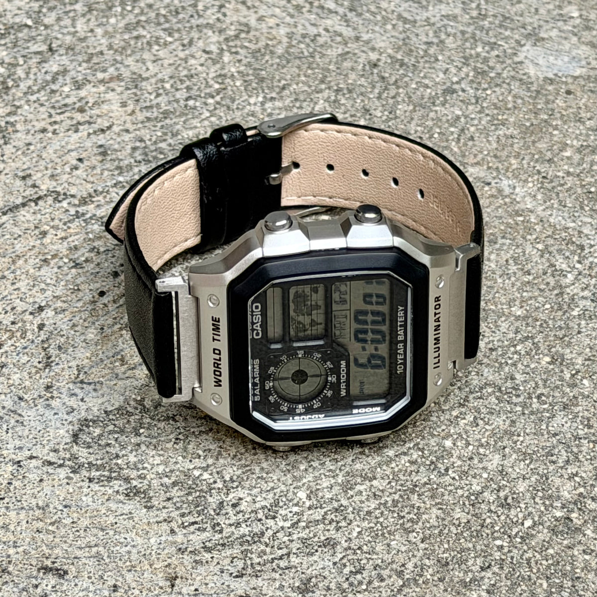 Black Leather Strap for Casio AE-1200WH Royale, 20mm Genuine Leather Watch Band, Silver Buckle, Adapters Pre-Attached, Adjustable Size, Fits AE-1200WH Series