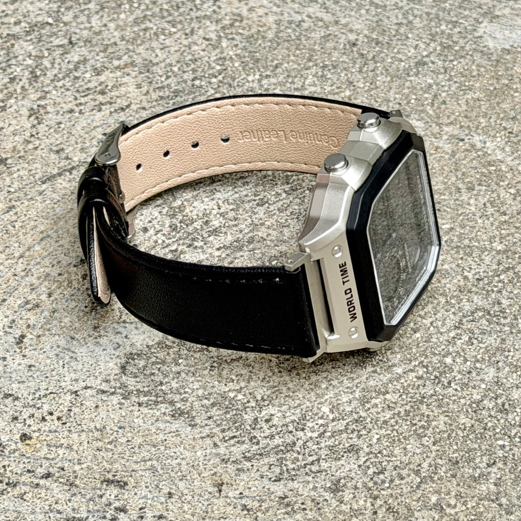 Black Leather Strap for Casio AE-1200WH Royale, 20mm Genuine Leather Watch Band, Silver Buckle, Adapters Pre-Attached, Adjustable Size, Fits AE-1200WH Series