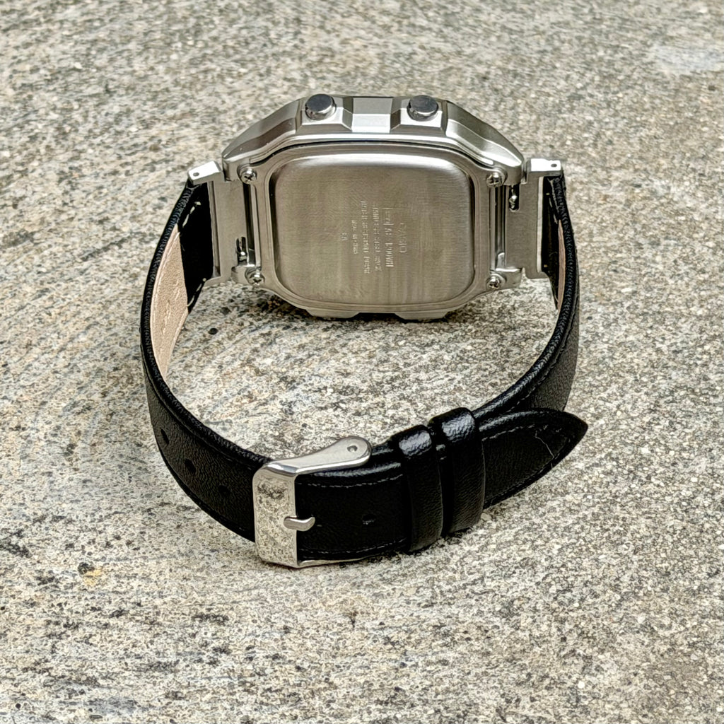 Black Leather Strap for Casio AE-1200WH Royale, 20mm Genuine Leather Watch Band, Silver Buckle, Adapters Pre-Attached, Adjustable Size, Fits AE-1200WH Series