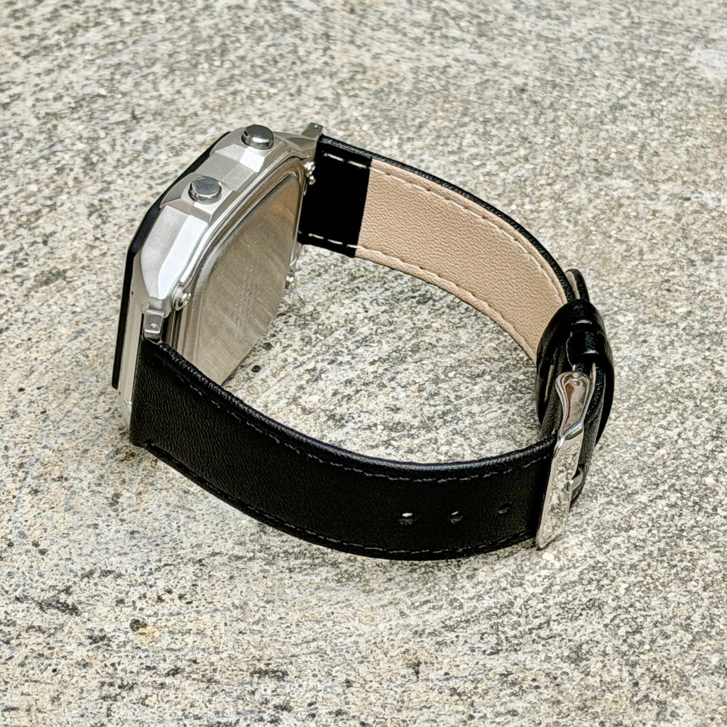 Black Leather Strap for Casio AE-1200WH Royale, 20mm Genuine Leather Watch Band, Silver Buckle, Adapters Pre-Attached, Adjustable Size, Fits AE-1200WH Series