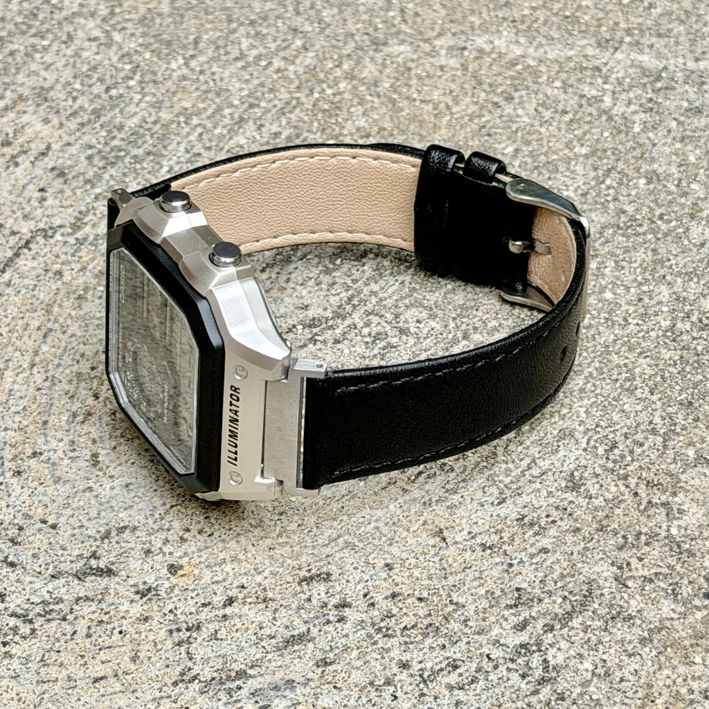 Black Leather Strap for Casio AE-1200WH Royale, 20mm Genuine Leather Watch Band, Silver Buckle, Adapters Pre-Attached, Adjustable Size, Fits AE-1200WH Series