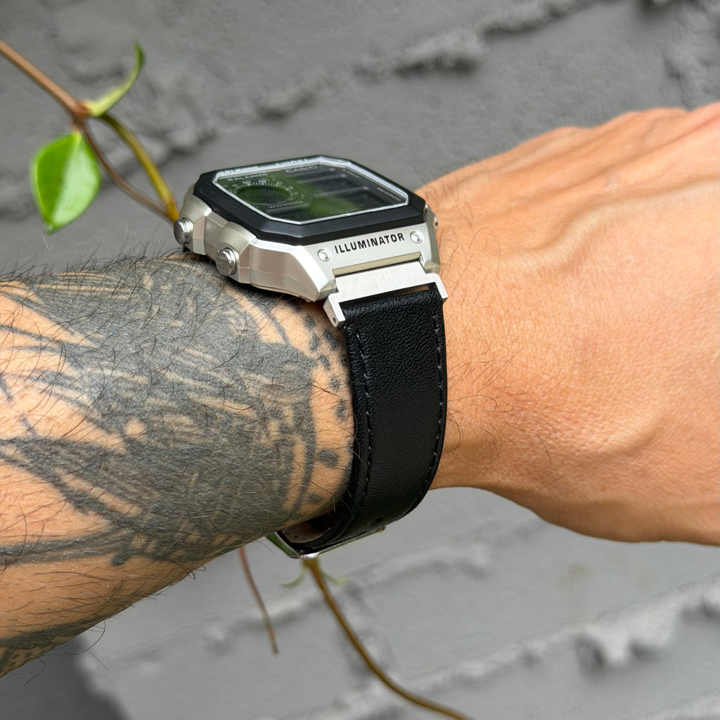 Black Leather Strap for Casio AE-1200WH Royale, 20mm Genuine Leather Watch Band, Silver Buckle, Adapters Pre-Attached, Adjustable Size, Fits AE-1200WH Series