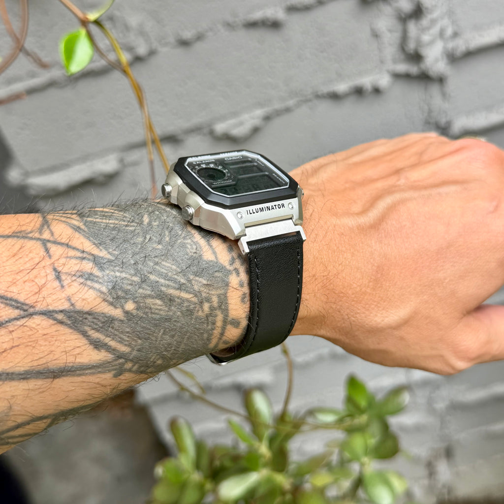 Black Leather Strap for Casio AE-1200WH Royale, 20mm Genuine Leather Watch Band, Silver Buckle, Adapters Pre-Attached, Adjustable Size, Fits AE-1200WH Series