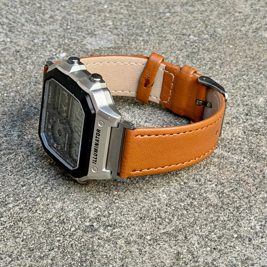 Leather Strap for Casio AE1200WH Royale, 20mm Caramel Brown Genuine Leather Watch Band, White Stitch, Fits AE-1200WH AE-1300WH AE-1000W Series