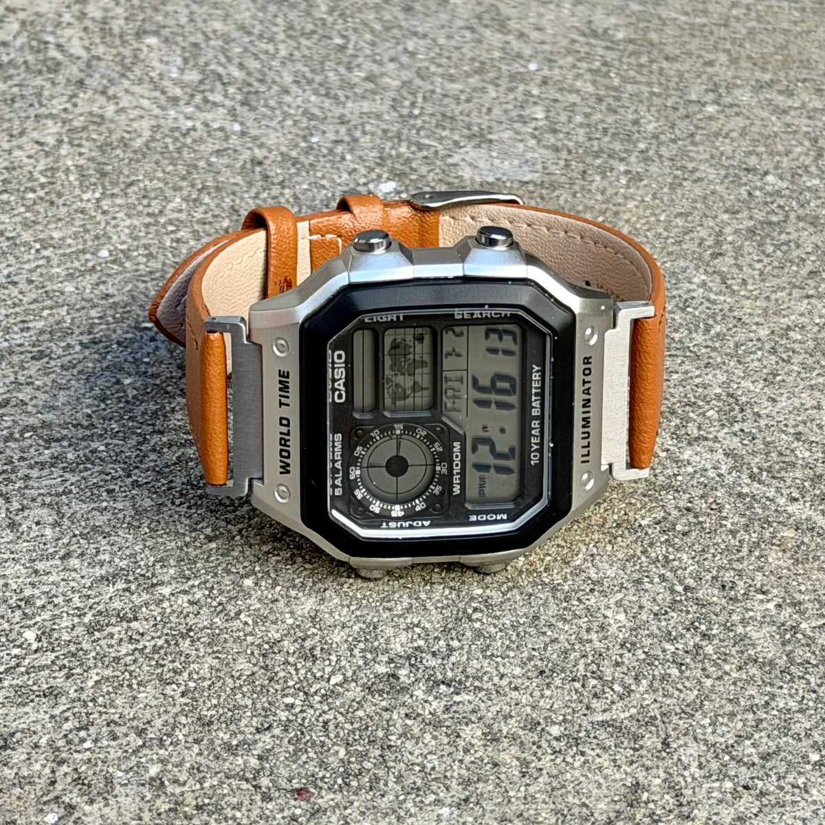 Leather Strap for Casio AE1200WH Royale, 20mm Caramel Brown Genuine Leather Watch Band, White Stitch, Fits AE-1200WH AE-1300WH AE-1000W Series