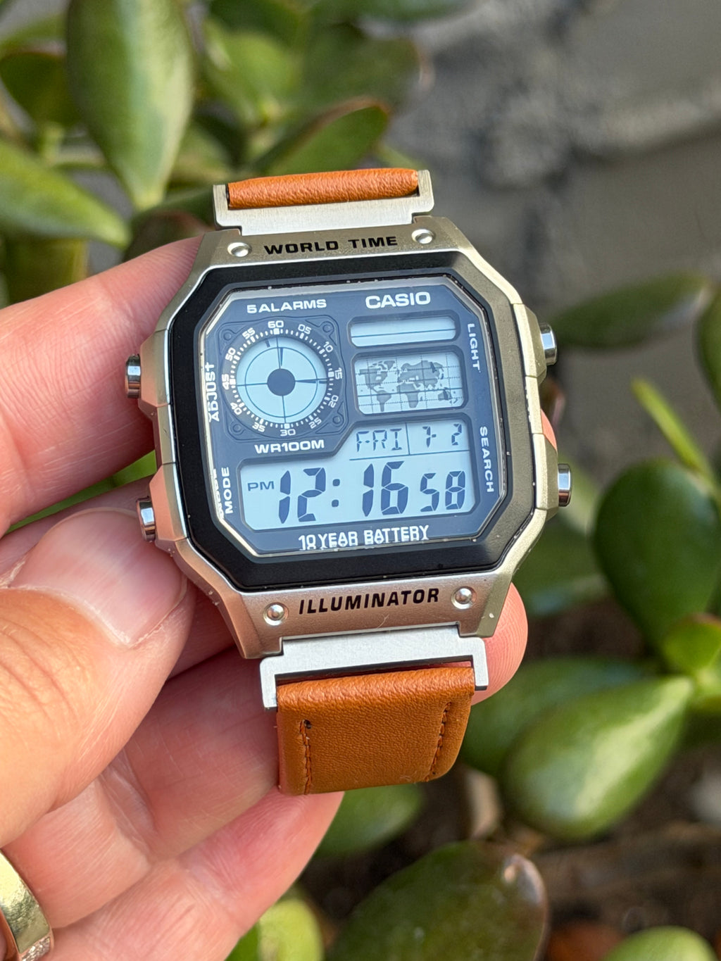 Leather Strap for Casio AE1200WH Royale, 20mm Caramel Brown Genuine Leather Watch Band, White Stitch, Fits AE-1200WH AE-1300WH AE-1000W Series