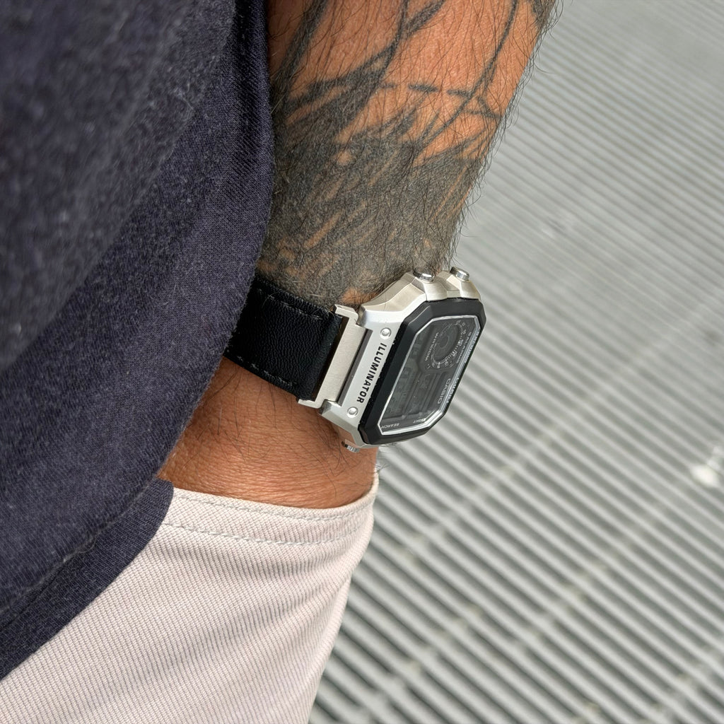 Black Leather Strap for Casio AE-1200WH Royale, 20mm Genuine Leather Watch Band, Silver Buckle, Adapters Pre-Attached, Adjustable Size, Fits AE-1200WH Series