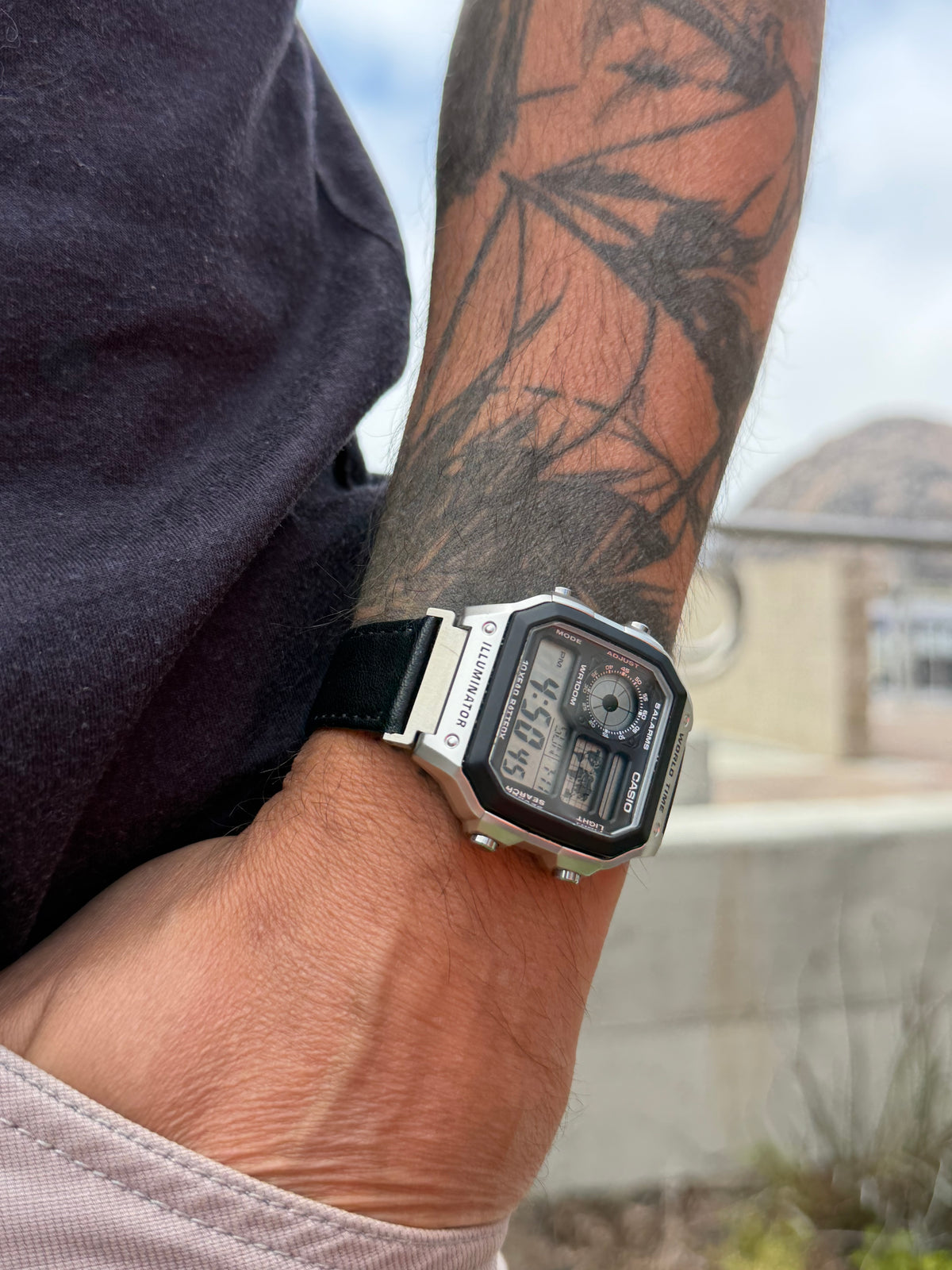 Black Leather Strap for Casio AE-1200WH Royale, 20mm Genuine Leather Watch Band, Silver Buckle, Adapters Pre-Attached, Adjustable Size, Fits AE-1200WH Series