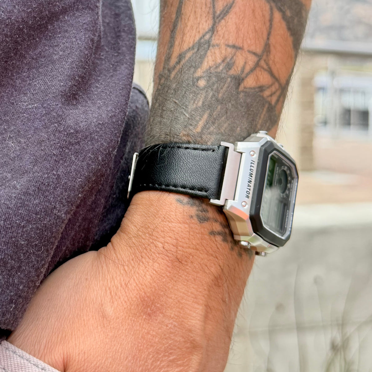 Black Leather Strap for Casio AE-1200WH Royale, 20mm Genuine Leather Watch Band, Silver Buckle, Adapters Pre-Attached, Adjustable Size, Fits AE-1200WH Series