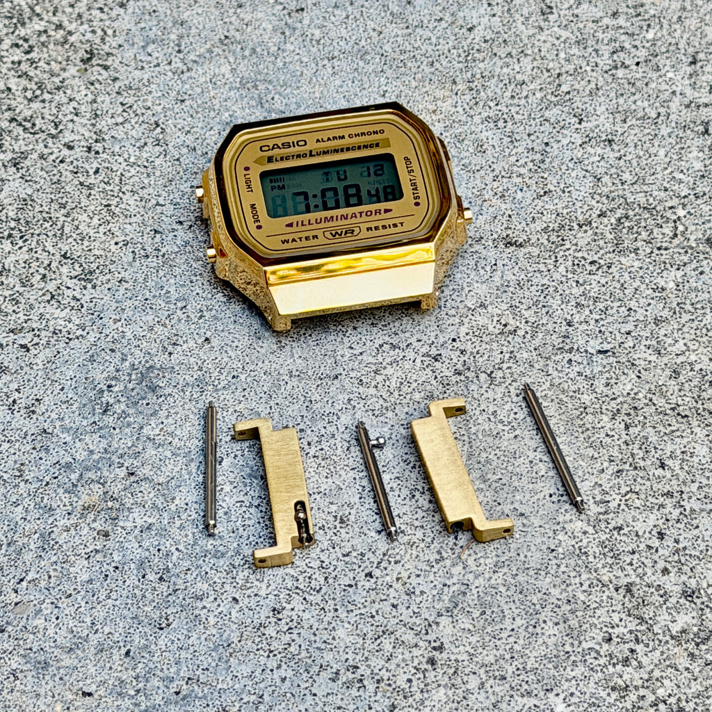 18mm to 20mm Adapters for Casio A168WG, Gold Tone Stainless Steel Lug Converter, Fits A168W A158W F-91W Vintage Series, Spring Bars Included