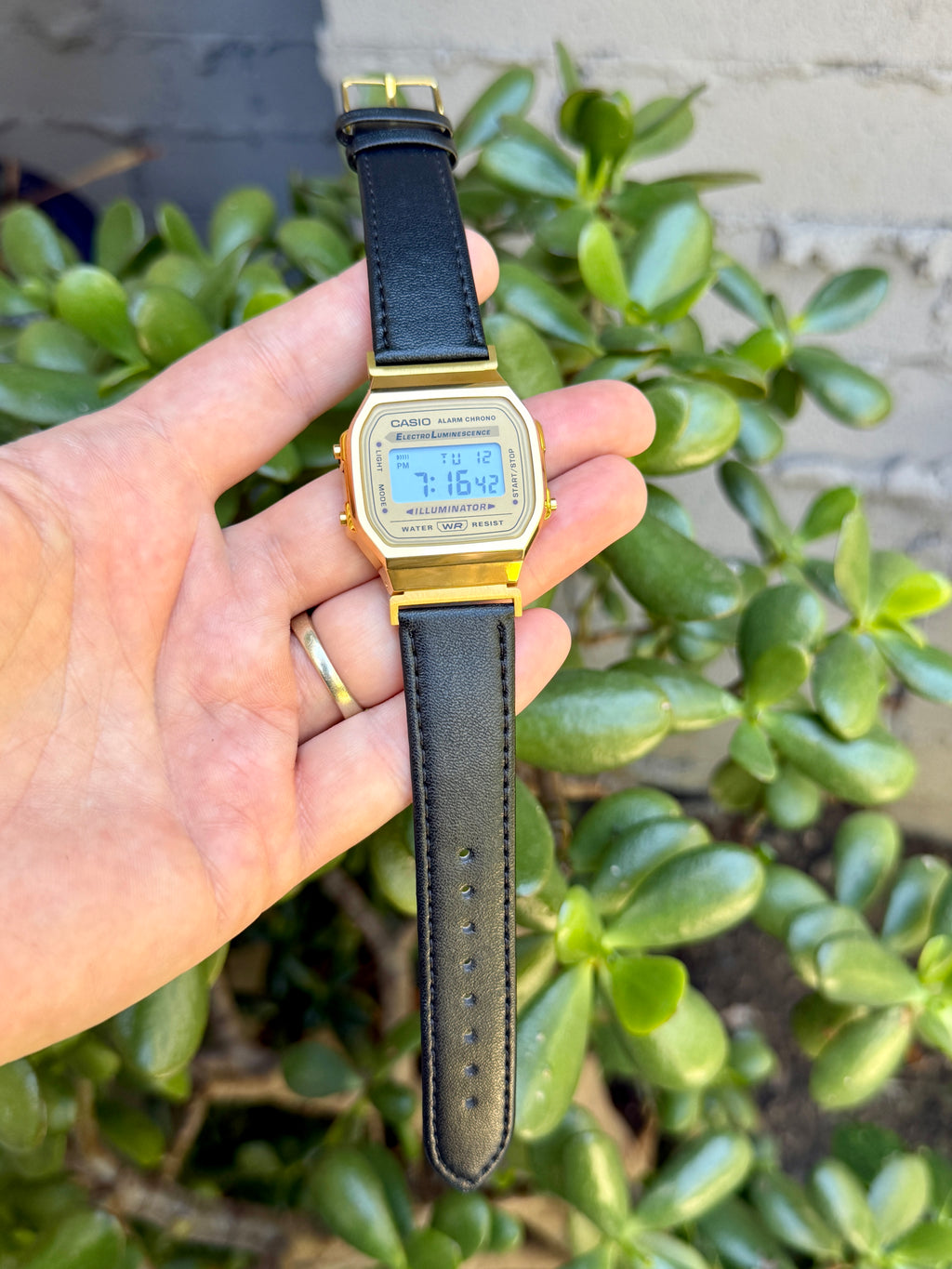 Leather Strap for Casio A168WG Gold, 20mm Black Genuine Leather Watch Band, Gold Buckle, Stitched Strap, Fits A168W A158W F-91W Vintage Series
