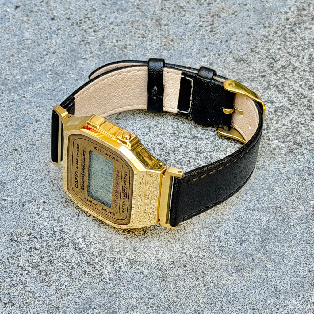Leather Strap for Casio A168WG Gold, 20mm Black Genuine Leather Watch Band, Gold Buckle, Stitched Strap, Fits A168W A158W F-91W Vintage Series