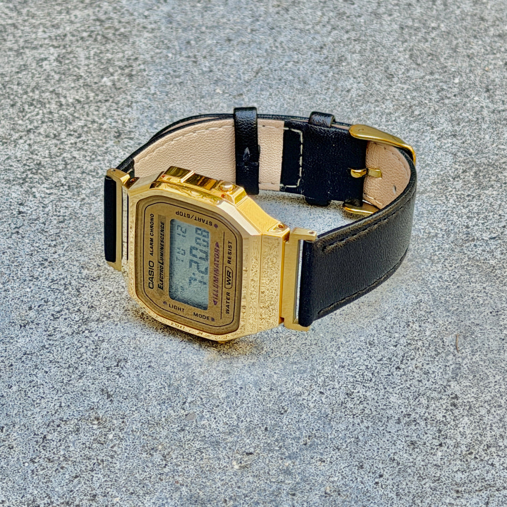 Leather Strap for Casio A168WG Gold, 20mm Black Genuine Leather Watch Band, Gold Buckle, Stitched Strap, Fits A168W A158W F-91W Vintage Series