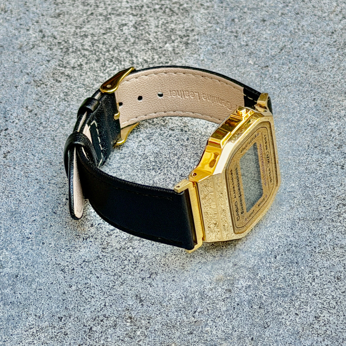 Leather Strap for Casio A168WG Gold, 20mm Black Genuine Leather Watch Band, Gold Buckle, Stitched Strap, Fits A168W A158W F-91W Vintage Series