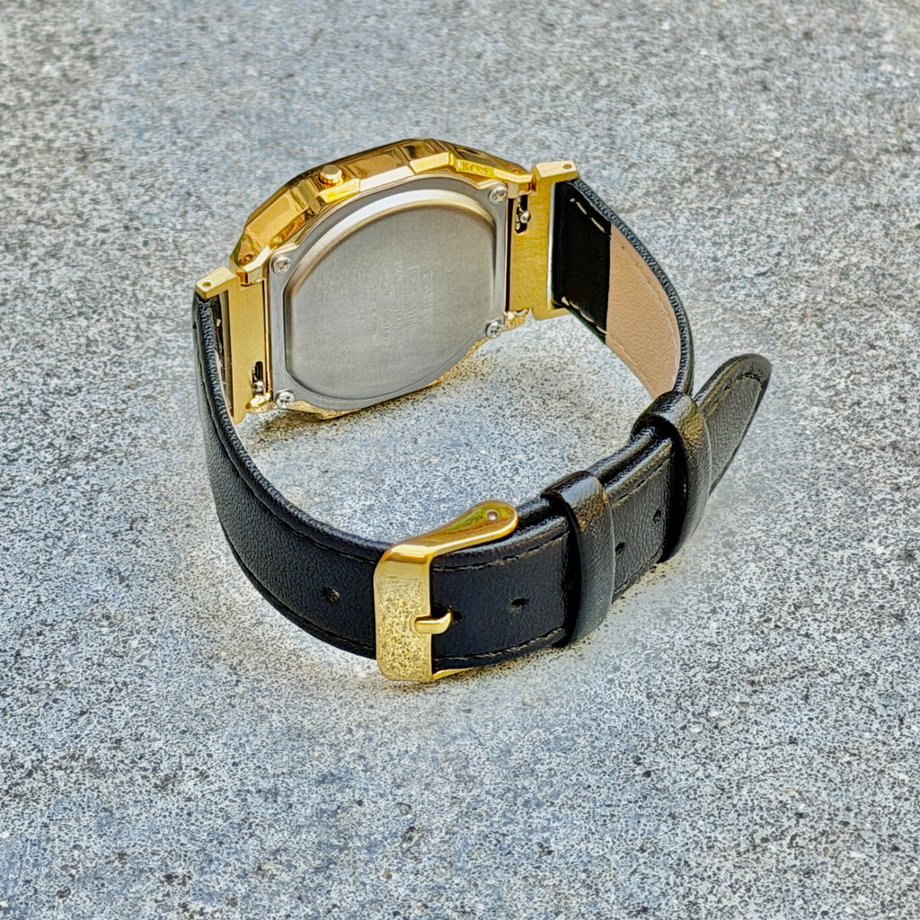 Leather Strap for Casio A168WG Gold, 20mm Black Genuine Leather Watch Band, Gold Buckle, Stitched Strap, Fits A168W A158W F-91W Vintage Series